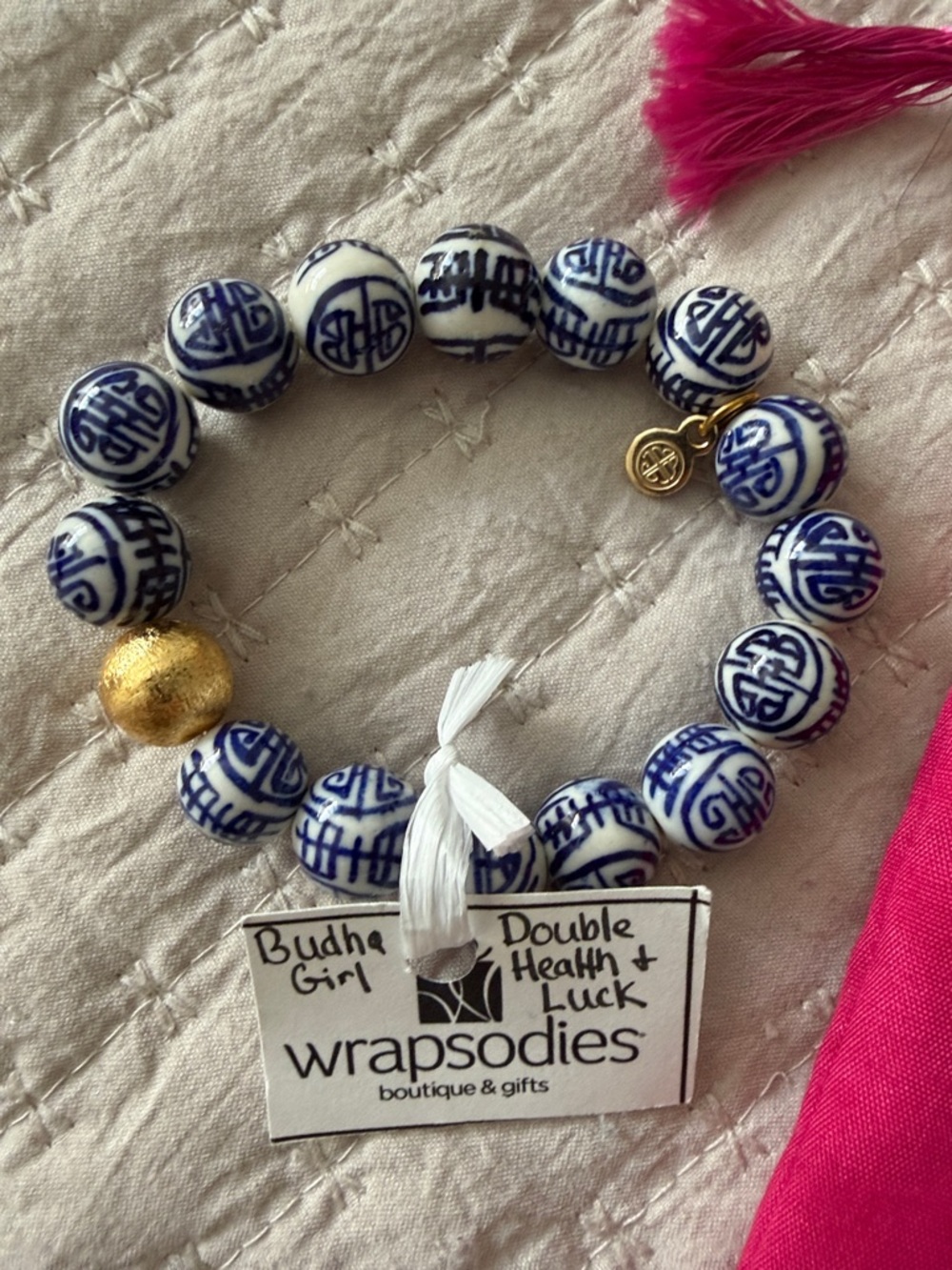 Buddha Blue & White Double Health & Luck Beaded Bracelet w/ Gold Accent NWT ❤️ - Picture 2 of 4